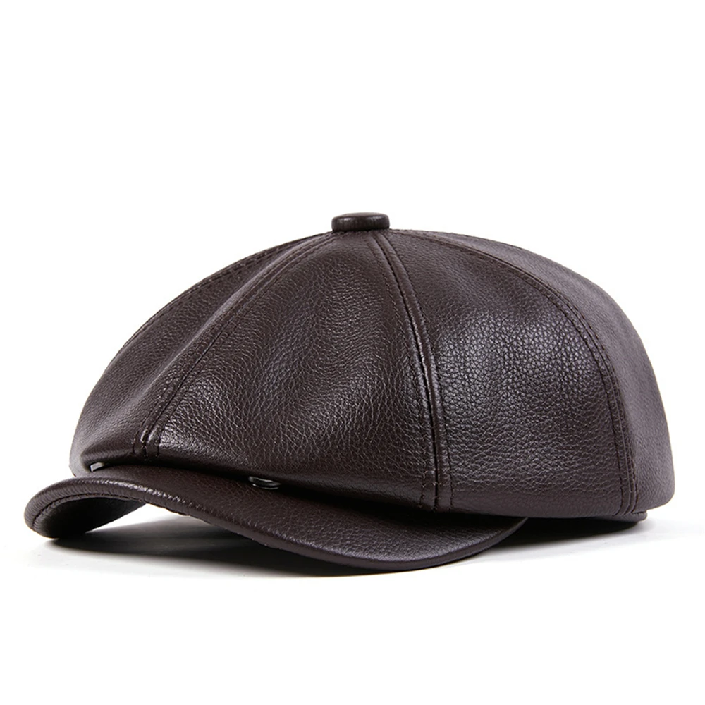 Hot Sale LA SPEZIA Genuine Leather Newsboy Men High Quality Octagonal Hat Autumn Winter Beret Real Cowskin Flat Cap_voghion.com
