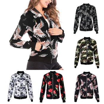 

Women Floral Printed Zip Up Bomber Jacket Long Sleeves Fall Spring Coat