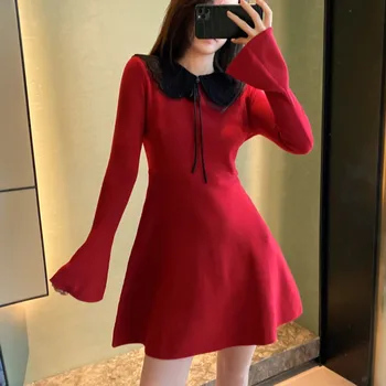 

Women's Knitted Mesh Embroidered Bow Mini Dress Long Flare Sleeve Patchwork Short Dress