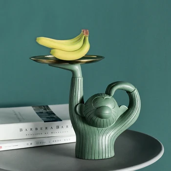 

New Resin Metal Mirror Tray Vintage Monkey Shaped Gold Fruit Snack Dessert Jewelry Makeup Storage Plate Home Living Room Decor