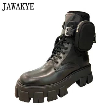 

Women's Chunky Sole Ankle Boots Black Genuine Leather Motorcycle Short Boots Women's Runway Pocket botas zapatos mujer