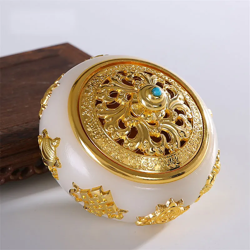 

White Jade Carving Incense Burner Gold-plated Hollow Censer Aromatherapy Furnace Decoration Indoor Tea Ceremony Creative Buddha