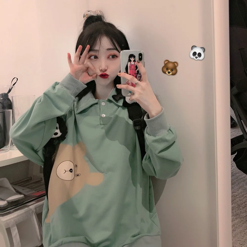 Японский Kawaii милый свитшот с капюшоном с принтом медведя отложной воротник женские толстовки Harajuku Свободные осенние и зимние повседневные топы
