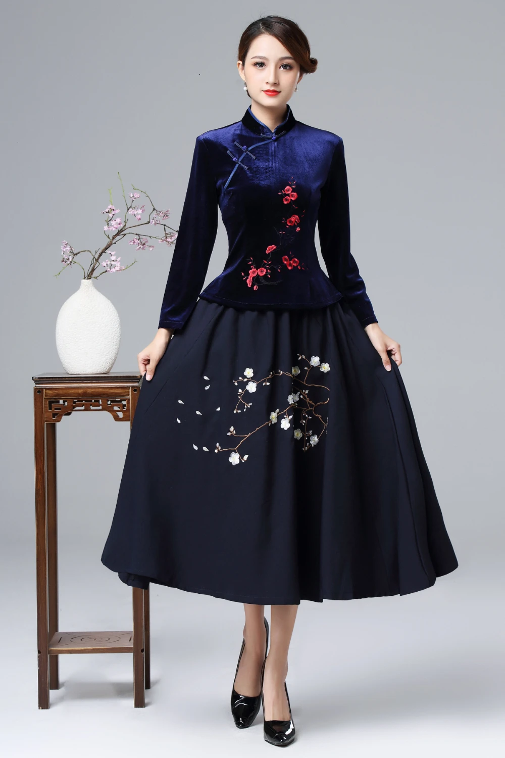 Hanfu рубашка с длинным рукавом фиолетовая блузка бархатная Блузка Зеленый костюм в китайском стиле мягкие Топы Ципао Camisa China Mujer - Цвет: set