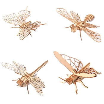 

1set 3D DIY Wooden Puzzle Toy Simulation Insect Assembly Puzzles Model Toys For Kids (Butterfly + Bee + Dragonfly + Grasshopper