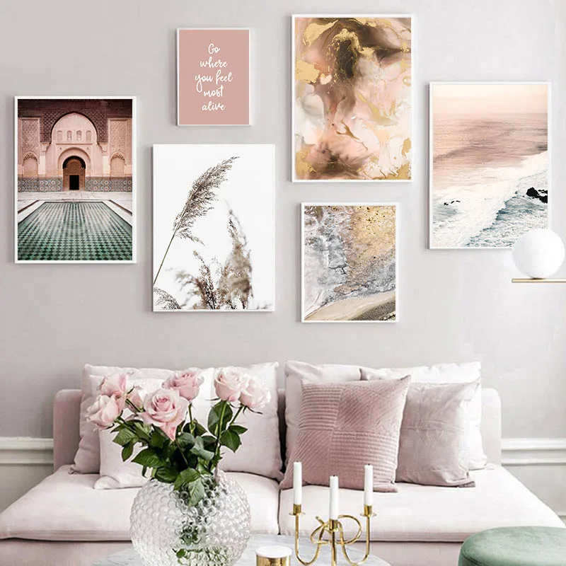 Natural landscape Wall Art Print Nordic Marbling Poster Pink Beach DIY 5D Diamond Painting Living Room Decoration Picture | Дом и сад