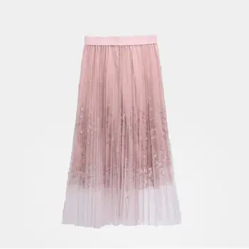 

FASHION Women Casual Solid Color Mesh Leaf Embroidered Elastic Waist Pleated Lace Tu-tu Skirt