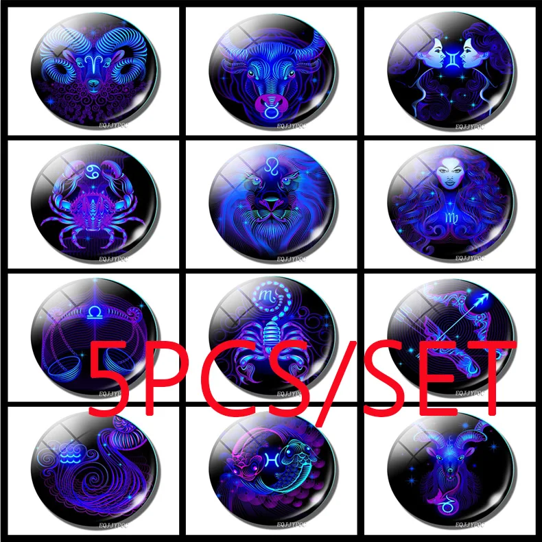 

12 Constellation Taurus Pisces Aries Leo Zodiac Signs Round Glass Dome Making Pendant Jewelry Man Woman Birthday Gift 5PCS/SET