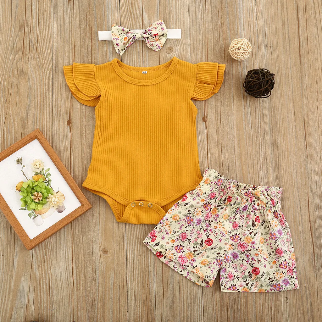 

baby girl clothes set 2020 bebes Short Sleeve Romper Fashion Print Shorts With Headband Cotton Blend ropa niña   Z4