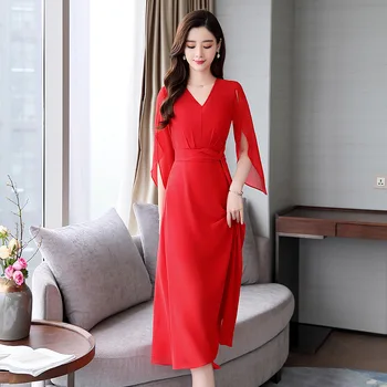 

Elegant temperament dress solid color simple socialite long hollow chiffon skirt