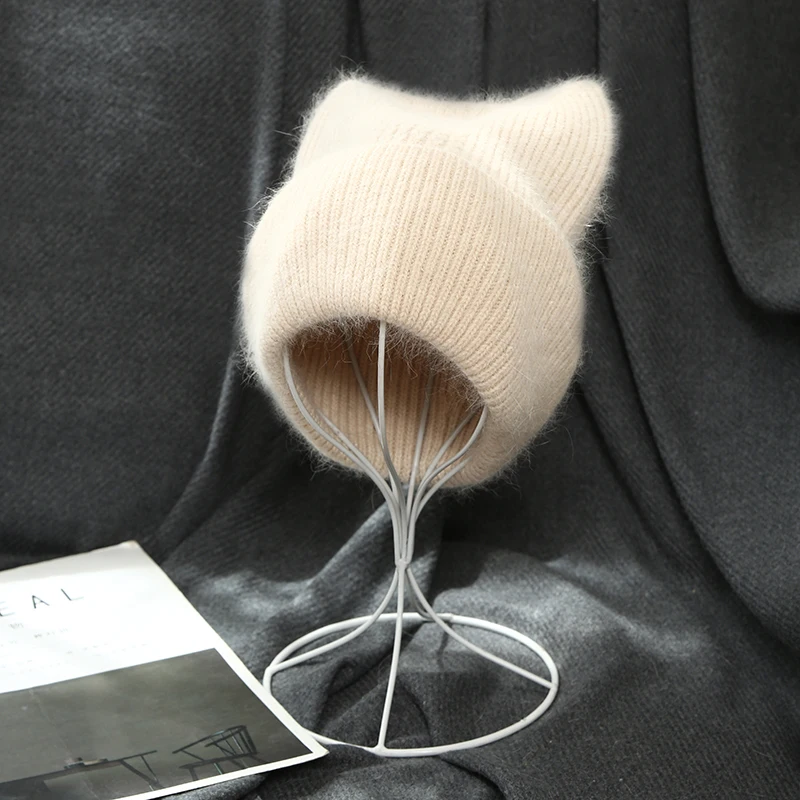 VISROVER 17 Colorway Unisex Solid Cat Shape Rabbit Fur Woman Winter Hat Soft Autumn Bonnet Cute Cat Ear Woman Warm Skullies Gift 