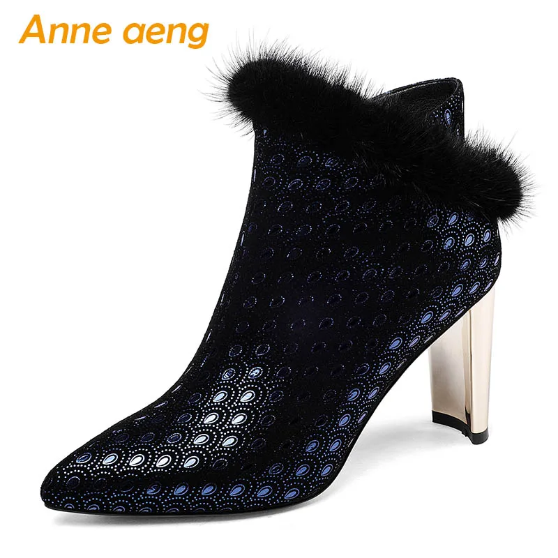 

2019 New Winter Kid Suede Women Ankle Boots High Metal Heel Pointed Toe Zip Marten Hair Sexy Ladies Women Shoes Green Warm Boots