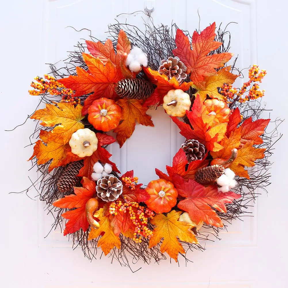 

Halloween Wreath Artificial Maple Leaves Pumpkin Wreath Autumn Thanksgiving Day Halloween Wall Hanging Door Wreath