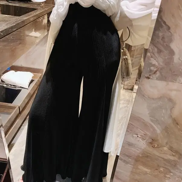Vintage Solid Trousers Women High Waist Pleated Ruffles Hem Big Size Wide Leg Pants Female 2020 Spring New Tide AE584 | Женская одежда