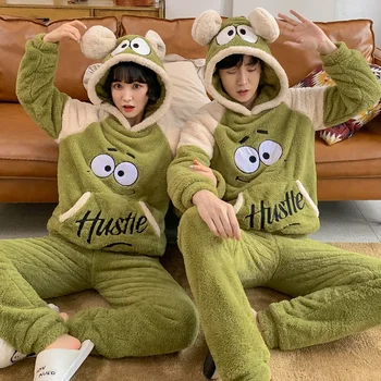 

2020 Couple Pajamas women Men Winter Velvet Sleepwear 2 Pieces Warm Flannel Pajamas Suit Set Animal Cartoon Cute Home Clothes