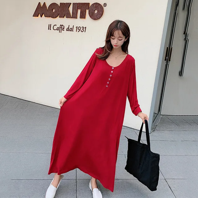 wine red 2 Осенняя новинка, Классическая ночная рубашка из модала, ночная рубашка, длинное платье для беременных, домашняя одежда для сна, ночная рубашка для беременных, женское нижнее белье - Цвет: wine red 2