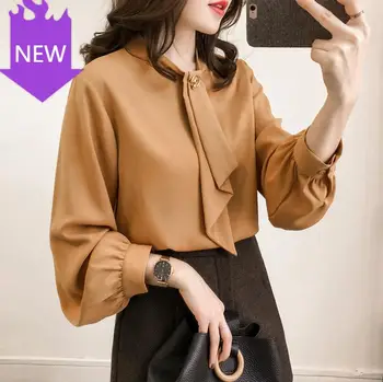 

Puff Sleeve Solid Color Long Sleeve Top Women Chiffon Commuter Shirt