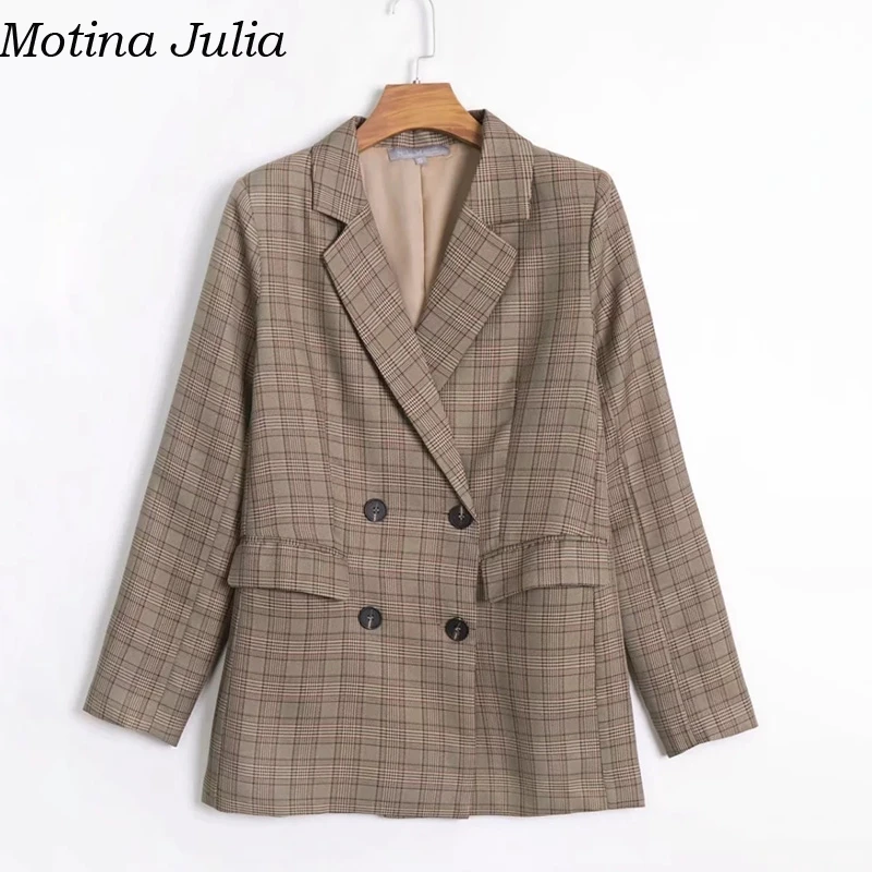 Motina Julia сексуальный плед двубортный женский Блейзер Осень длинные элегантные женские пиджаки куртки зимняя повседневная крутая верхняя одежда
