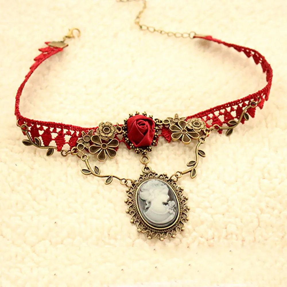 Ожерелье ювелирные изделия Подвеска Бижутерия цепочка чокер стильная Камея красная роза кружево модное ожерелье ювелирные изделия женский подарок Рождественский кулон