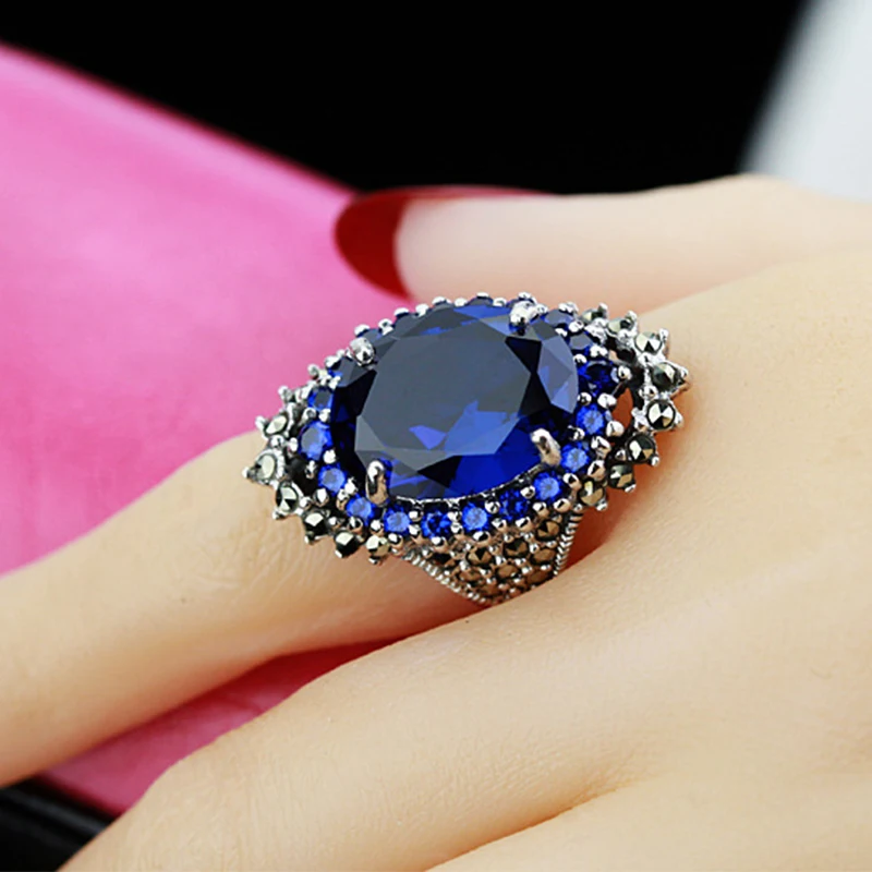 Male Female Oval Pomegranate Ring Red Blue Stone Couples Wedding Rings