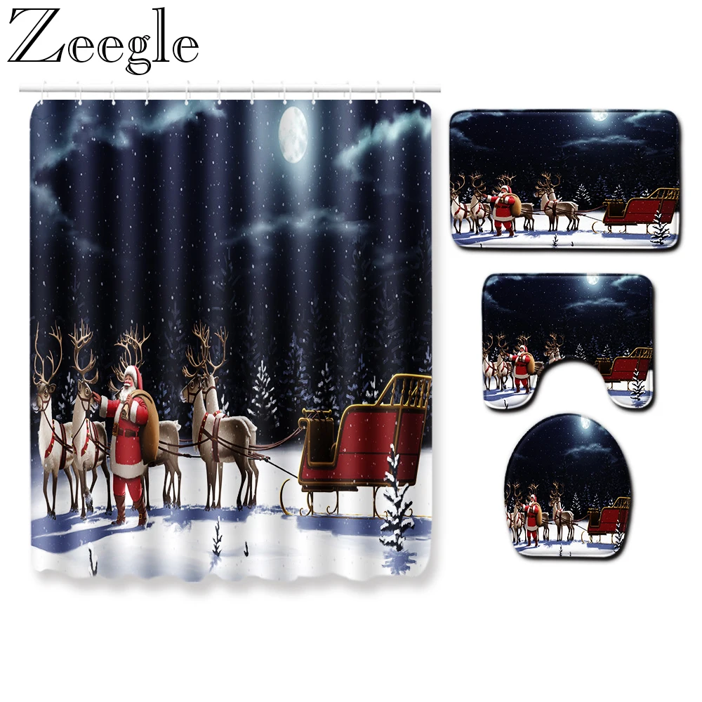 

Zeegle 4pcs Christmas Bath Curtain Waterproof Shower Curtain Absorbent Toilet Cover Mat Foot Mat Washable Bathroom Carpet Set