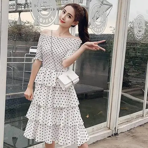 Summer Women Romantic Dress Sexy Slash Neck Bodycon Polka Dot Layered White Black Princess Ruffles Party Chic AE778 | Женская одежда
