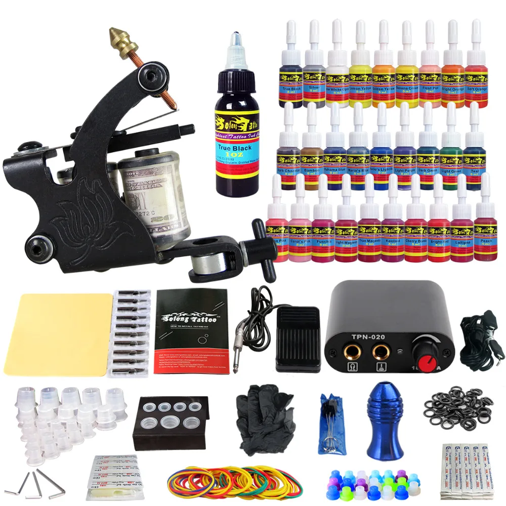 

Solong Tattoo Professional Beginner Complete Tattoo Kit 1 Rotaty Machine Guns Power Supply Pack Needles Tips Grips Tubes TK103