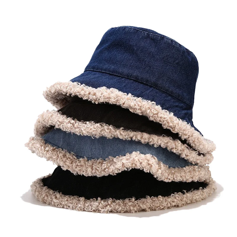 

Autumn Winter New Solid Color Fur Side Fisherman Hat Women Warm Lamb Hair Big Brim Basin Hat Outdoor Sunshade Bucket Hat