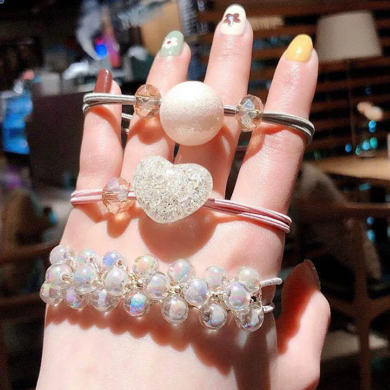 

3PCs Women Girls Rhinestone Crystal Pearl Beads Hair Band Rope Scrunchie Ponytail Holder Crystal Flower Elastic Headwear