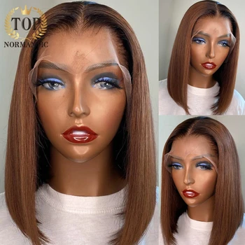 

Topnormantic Lace Front Human Hair Wigs Pre Plucked Ombre Brown Color Indian Straight Bob Wig Gluless Lace Wig For Women