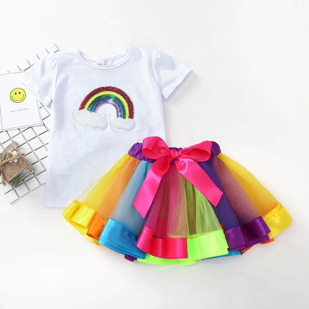 Летнее платье для маленьких девочек Комплект одежды с блестками Радуга футболка