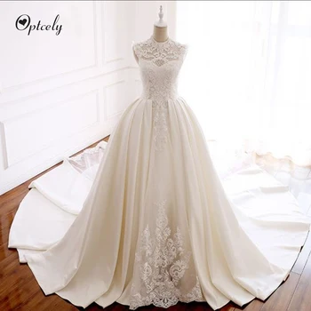 

Optcely Appliques Beaded Sweep Train Princess Bridal Gowns 2019 Wedding Dress Charming O-Neck Sleeveless Elegant Ball Gown