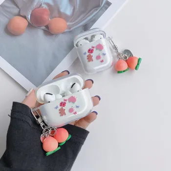 

for AirPods 2 Case Ins Peach Pendant Keyring Earphone Case AirPods Pro 3 Cute Bear Transparent Headphone Hard Cover for Air Pods