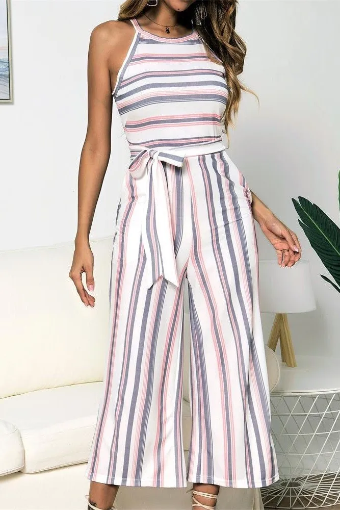 Summer Women Casual Striped Wide Leg Jumpsuit Female Halter Sashes Long Rompers Fashion Sleeveless Overalls