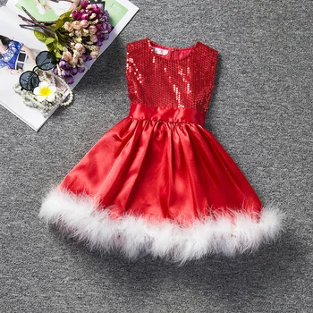 

New red girls christmas dress sequins white velvet edge kids dresses for girls bow autumn clothes kids teen girl dress