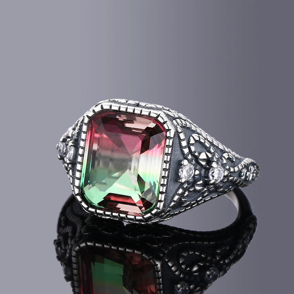 Multicolor Large Rectangular 10 * 12MM Turquoise Ring Female Engagement Wedding Party Jewelry Vintage Fine Jewelry