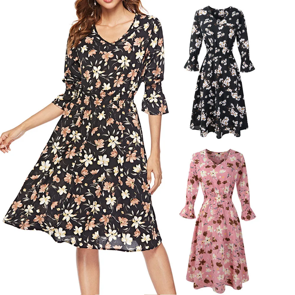 Платье женское шифоновое с V-образным вырезом и цветочным принтом винтажная