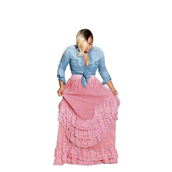 

Autumn Winter Women Skirt Ruffles Striped Color Casual Loose Maxi Long Skirt Plus Size