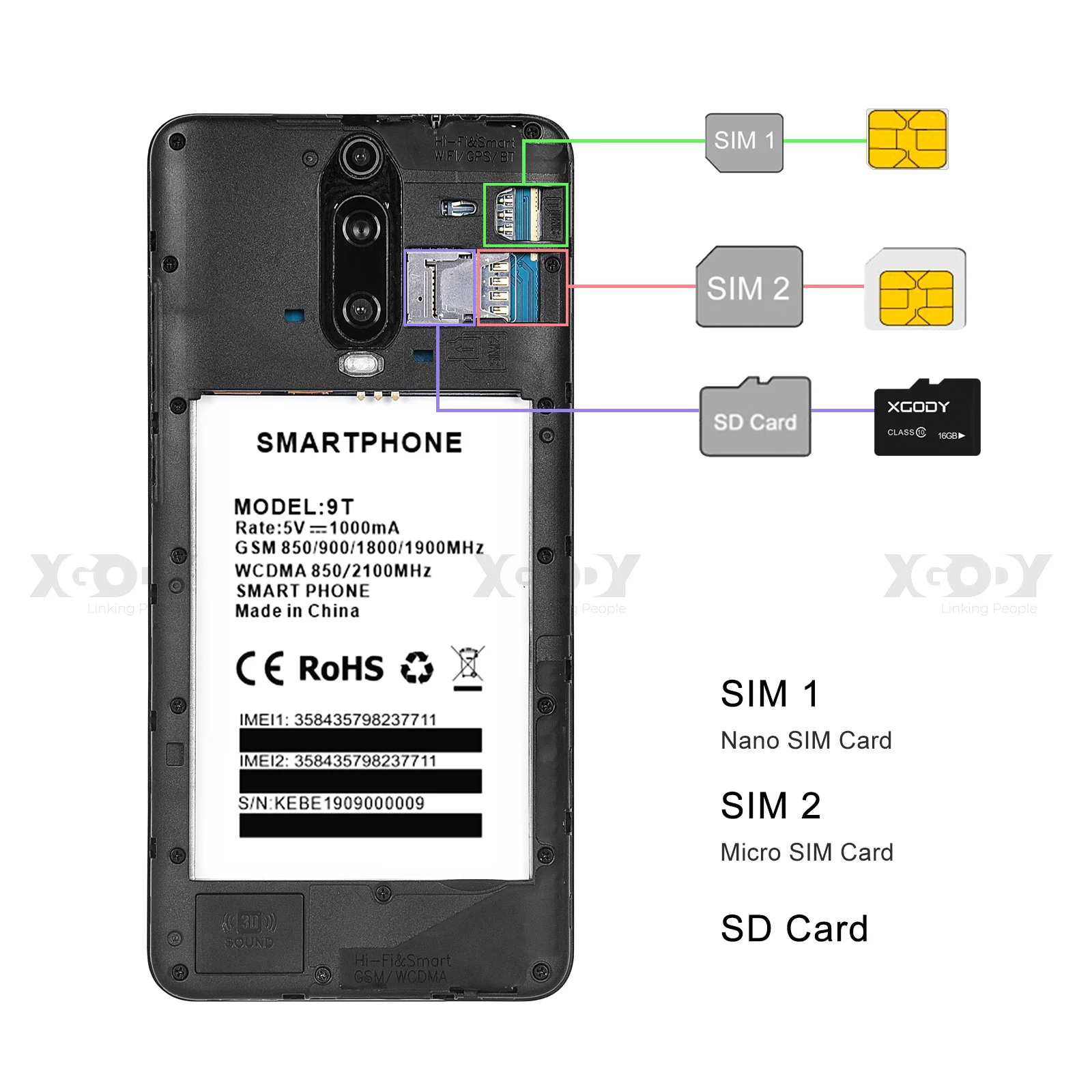 Мобильный телефон XGODY 3G 9T 1 ГБ 4 6 26 дюйма QHD экран MTK6580 четырёхъядерный Android 9 0 Waterdrop