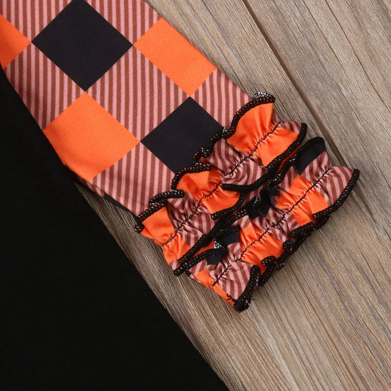 Новинка года; рубашки в стиле Хэллоуин для маленьких девочек; топы с оборками и длинными рукавами; блузка с принтом тыквы; рубашки топы для девочек; Детская осенняя одежда