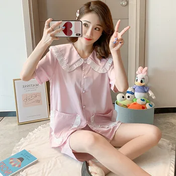 

Pajamas for Ladies Summer Short-sleeved Thin Section Stretch Two-piece Suit for Homewear Pink Blue Color Pijamas De Verano Mujer