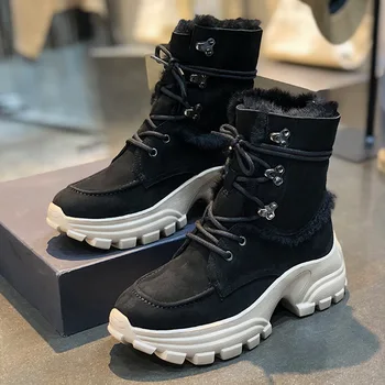 

Height increasing combat boots bordered winter fur shoes women’s ankle long boots kidsuede leather black khaki boots