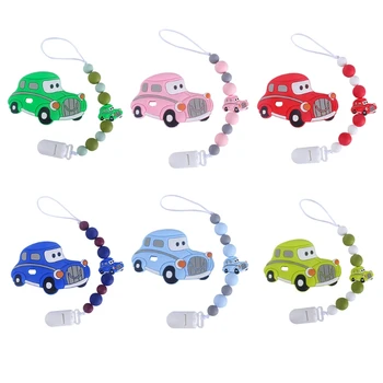 

2 Pcs Baby Pacifier Chain Cartoon Car Shaped Teether Set Nipple Clip Holder Infant Silicone Teething Soother Molar Toys Gifts