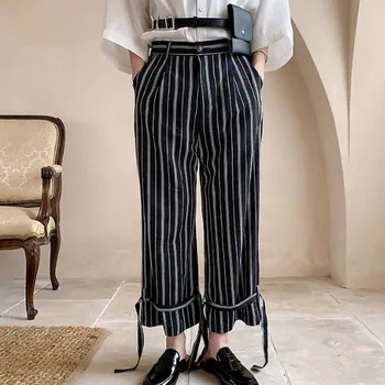 

Homens streetwear hip hop solto casual listra fitas em linha reta calça masculina moda estilo japão perna larga calças corredore