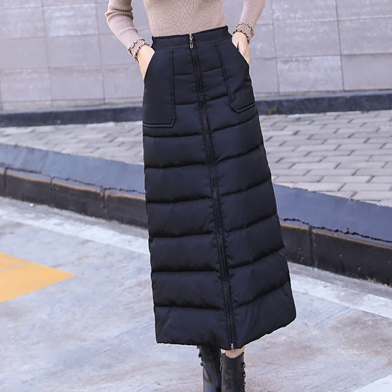 Хит 2019 зимние Пуховые хлопковые юбки высокая талия молния черная длинная теплая