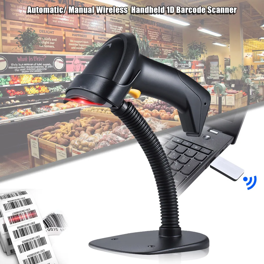 Automatic/ Manual 2.4G Wireless Handheld 1D Barcode Scanner Reader Supports Reverse Type Bar Code Scanning with USB Receiver