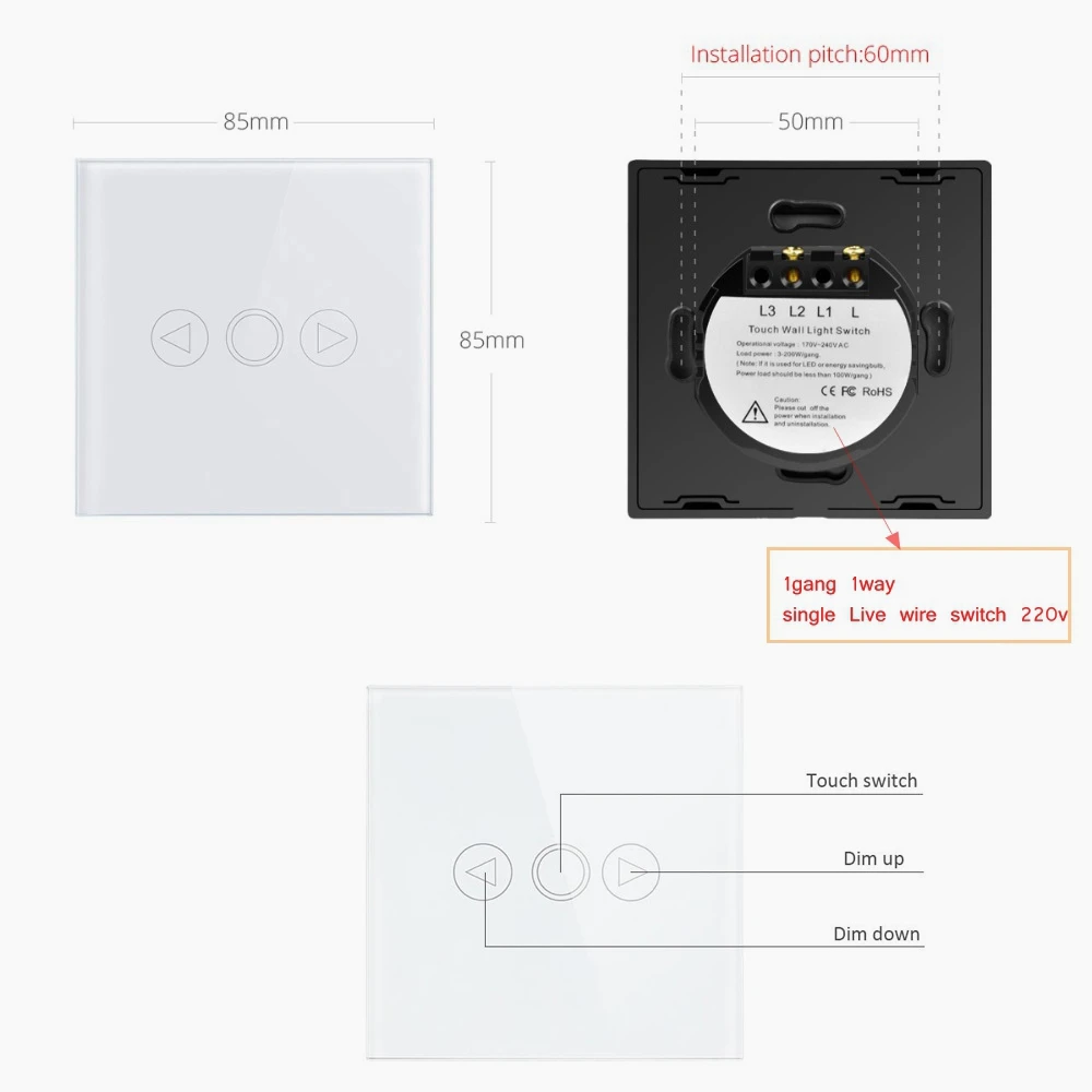 Стандарт ЕС, сенсорный диммер, светодиодный, с подсветкой, домашняя лампа, умный РЧ-переключатель, 1 комплект, 1 способ, закаленное стекло, панель, диммер, светильник