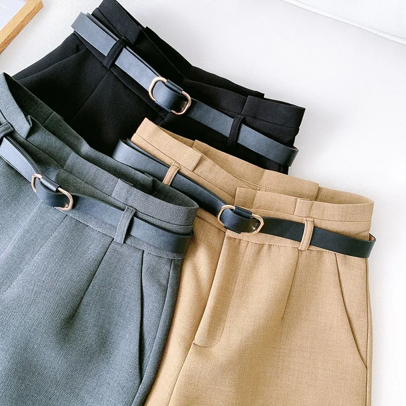 Wasteheart Autumn Black Gray Khaki Shorts Women High Waist Shorts Camel PU Sashes Bottom Zipper Sashes England Style OL Formal