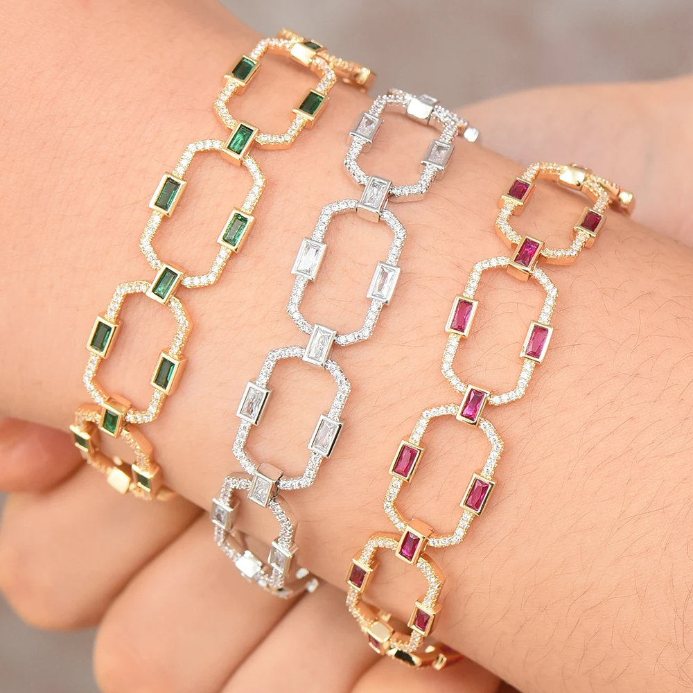 Brand Luxury Square Link Chain Bracelets Bangles Cubic Zircon CZ Vintage Bohemian Cuff Bracelets For Women Femme Fashion Jewelry