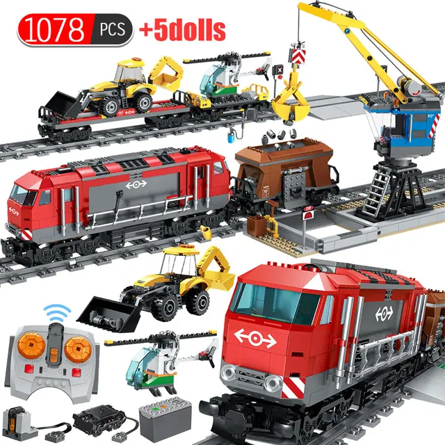 US $48.99 1078PCS RC Train Building Blocks Compatible Technic Railway City Track Train Helicopter Cars Statio